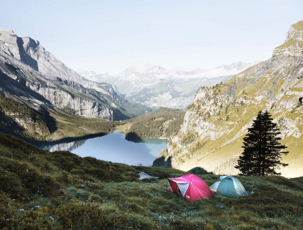 Backcountry camping near a mountain lake